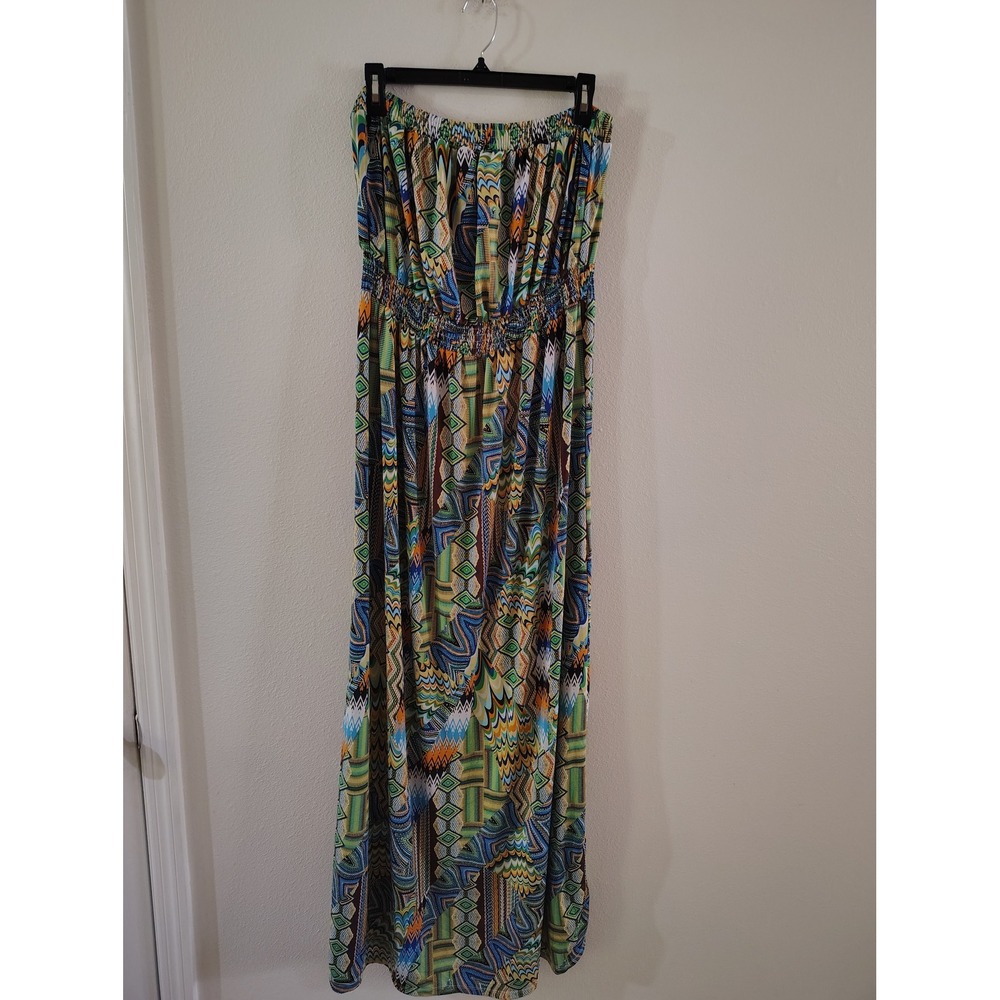 Milanoo Womens Multi Color Geometric Tribal Print Strapless Smocked Maxi Dress